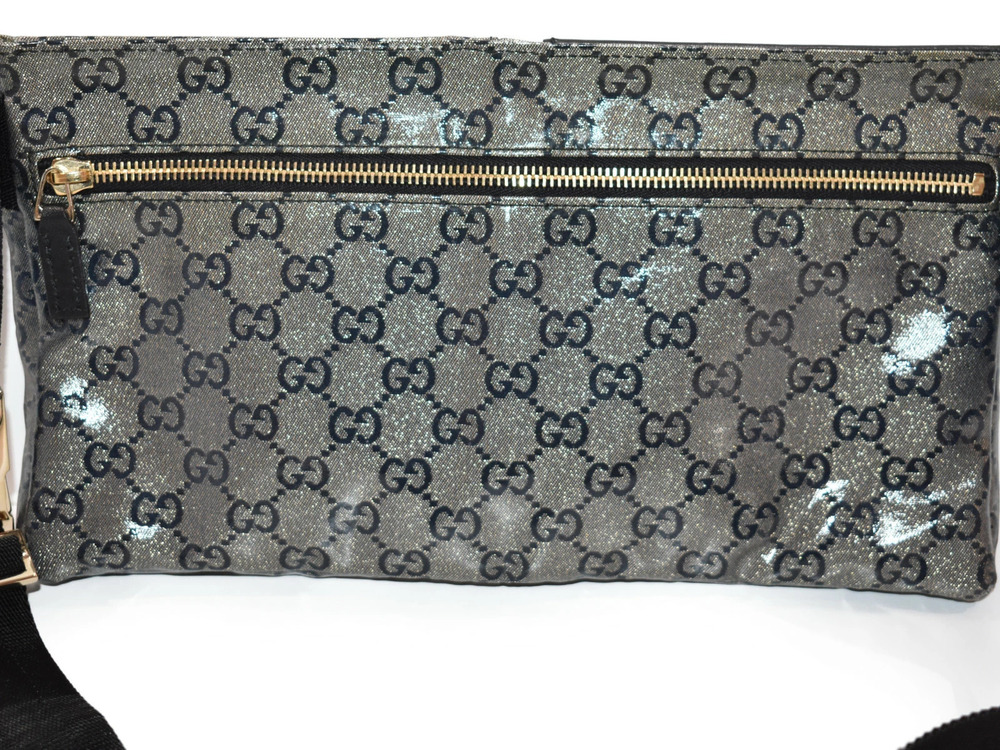 Gucci Metallic Leather Clutch Gray GG Crossbody Crystal Bag Belt Waist Body Bum